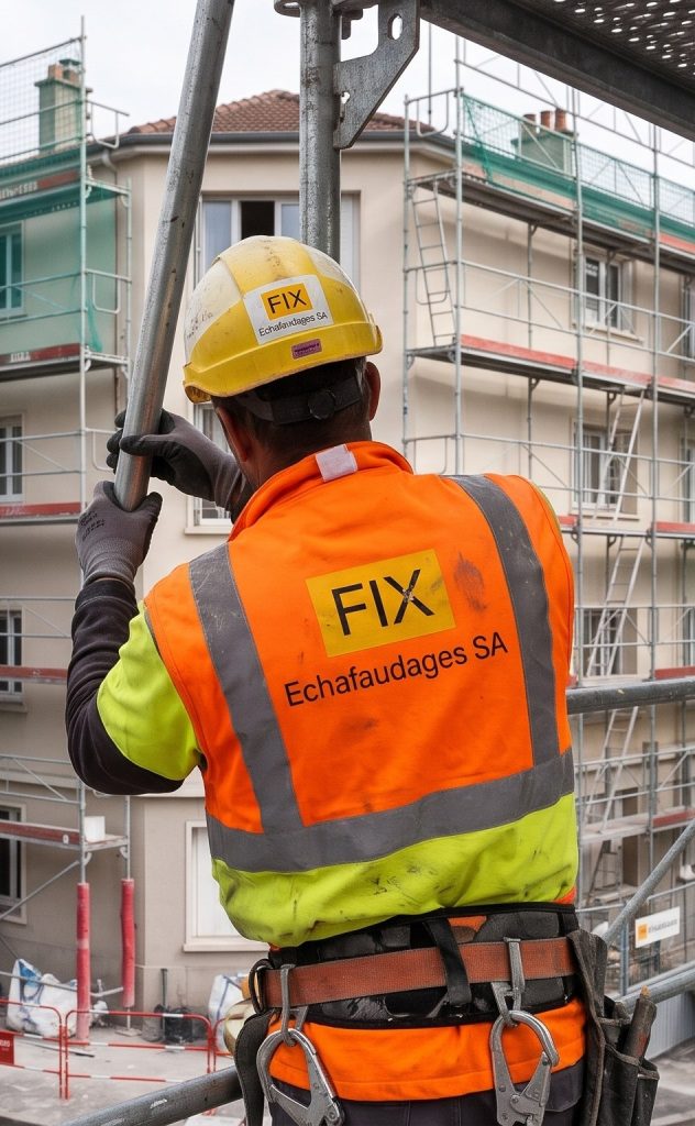 Ouvrier FIX Echafaudages SA en gilet orange, de dos, sur un échafaudage